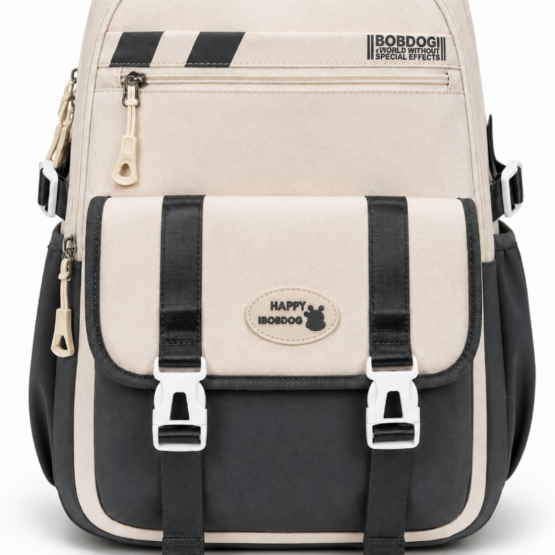 Détail des poches, des fermetures zippées et des boucles bicolores du cartable enfant beige et noir