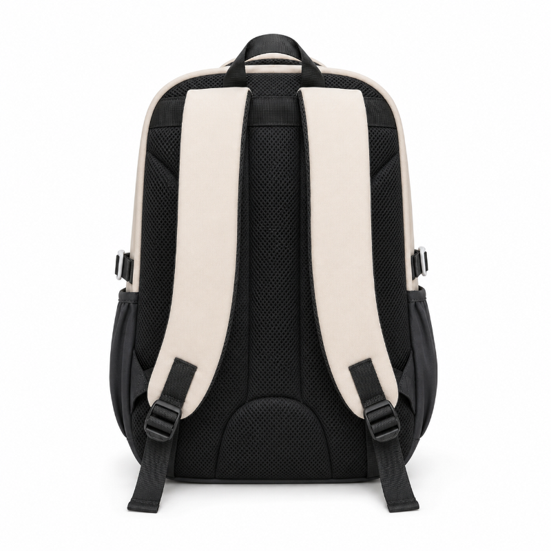 Vue arrière du cartable enfant beige et noir avec panneau dorsal respirant et bretelles rembourrées réglables