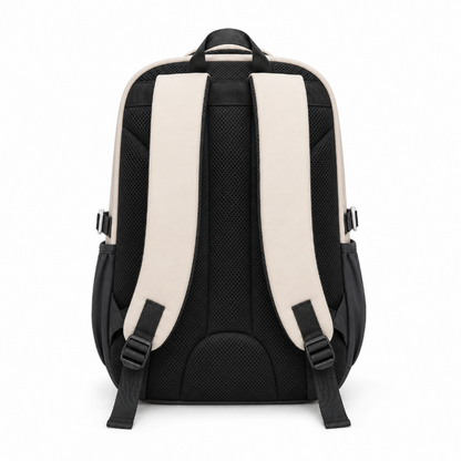 Vue arrière du cartable enfant beige et noir avec panneau dorsal respirant et bretelles rembourrées réglables