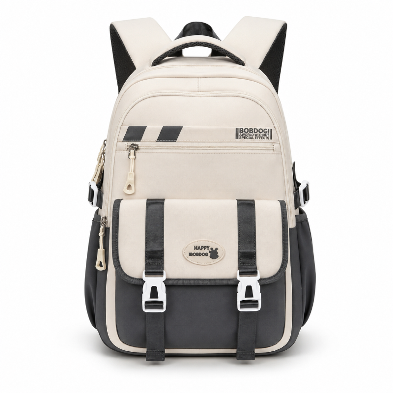 Cartable enfant beige et noir avec poches zippées et deux sangles à boucles, vue de face