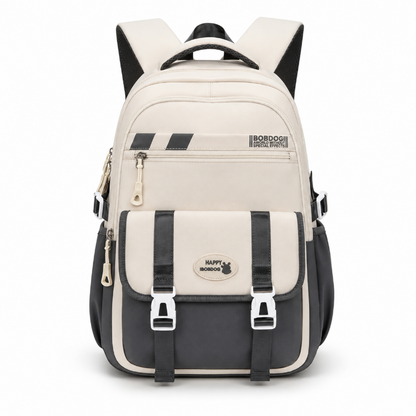 Cartable enfant beige et noir avec poches zippées et deux sangles à boucles, vue de face