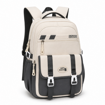 Cartable enfant beige et noir à plusieurs compartiments avec poches latérales, vue de trois quarts
