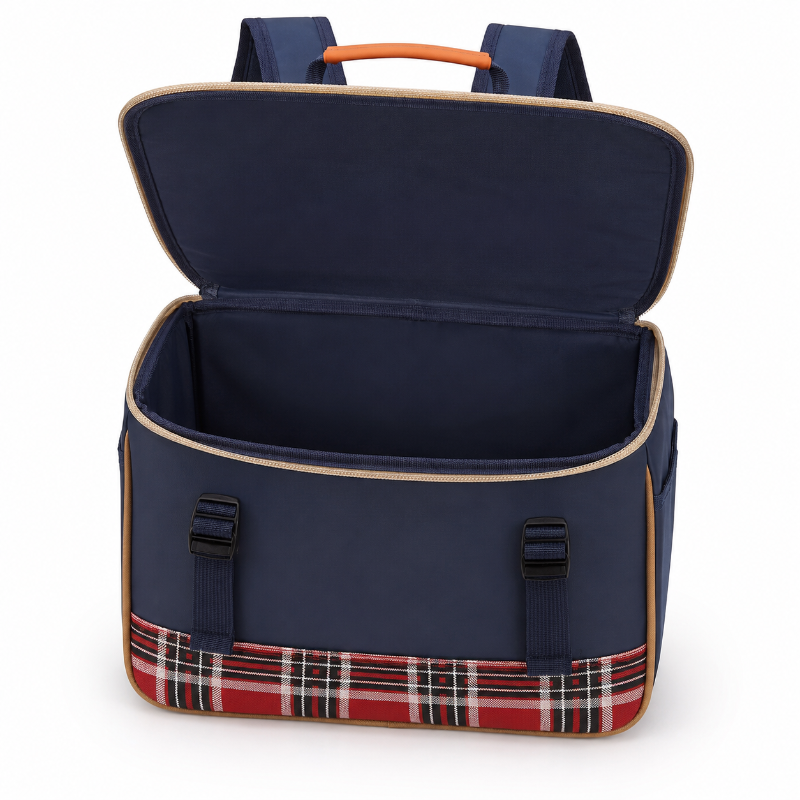 Cartable enfant bleu marine avec grand compartiment ouvert, intérieur vide et bande écossaise rouge et noire