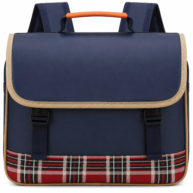 Détail du rabat bleu marine, des bordures beiges, de la poignée orange et des finitions écossaises du cartable enfant