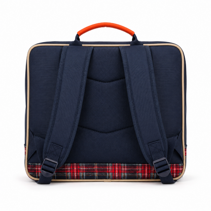 Vue arrière du cartable enfant bleu marine avec panneau dorsal rembourré, poignée orange et bretelles réglables