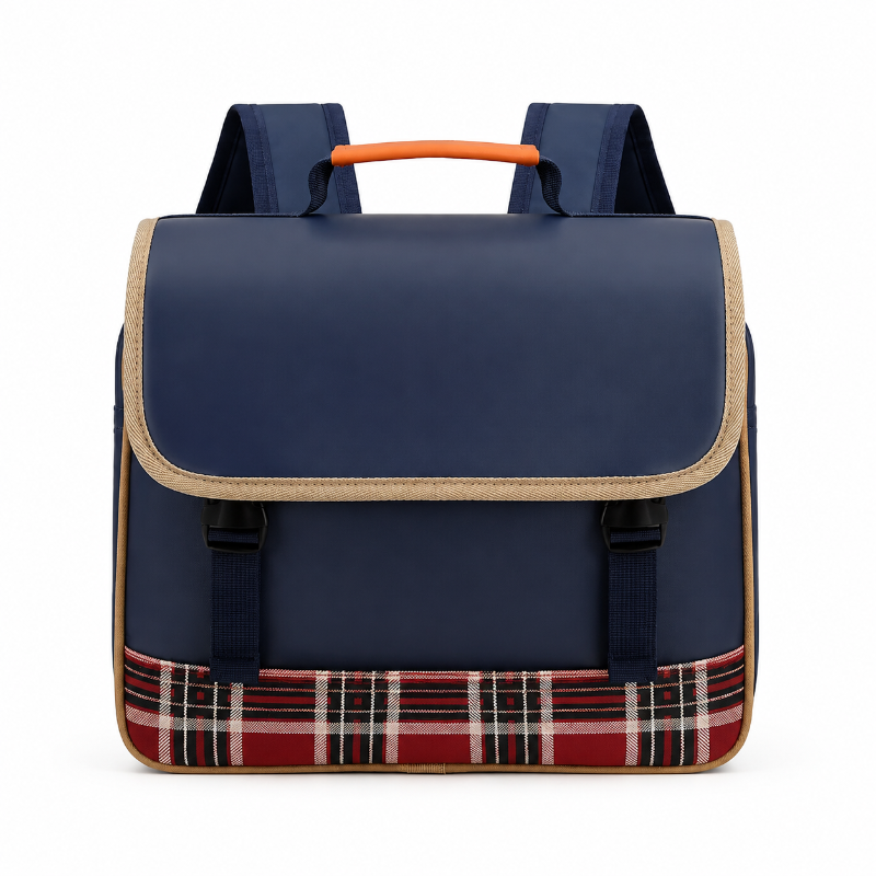 Cartable enfant bleu marine avec bordures beiges, poignée orange et bande écossaise, vue de face