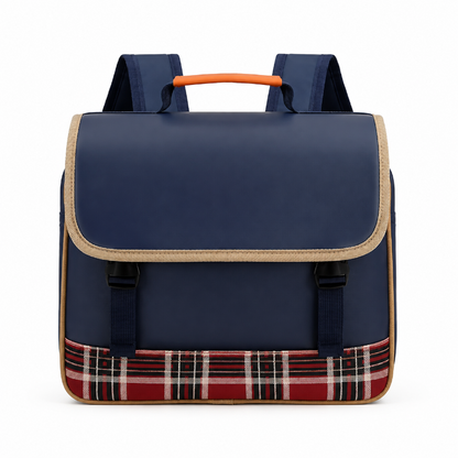 Cartable enfant bleu marine avec bordures beiges, poignée orange et bande écossaise, vue de face
