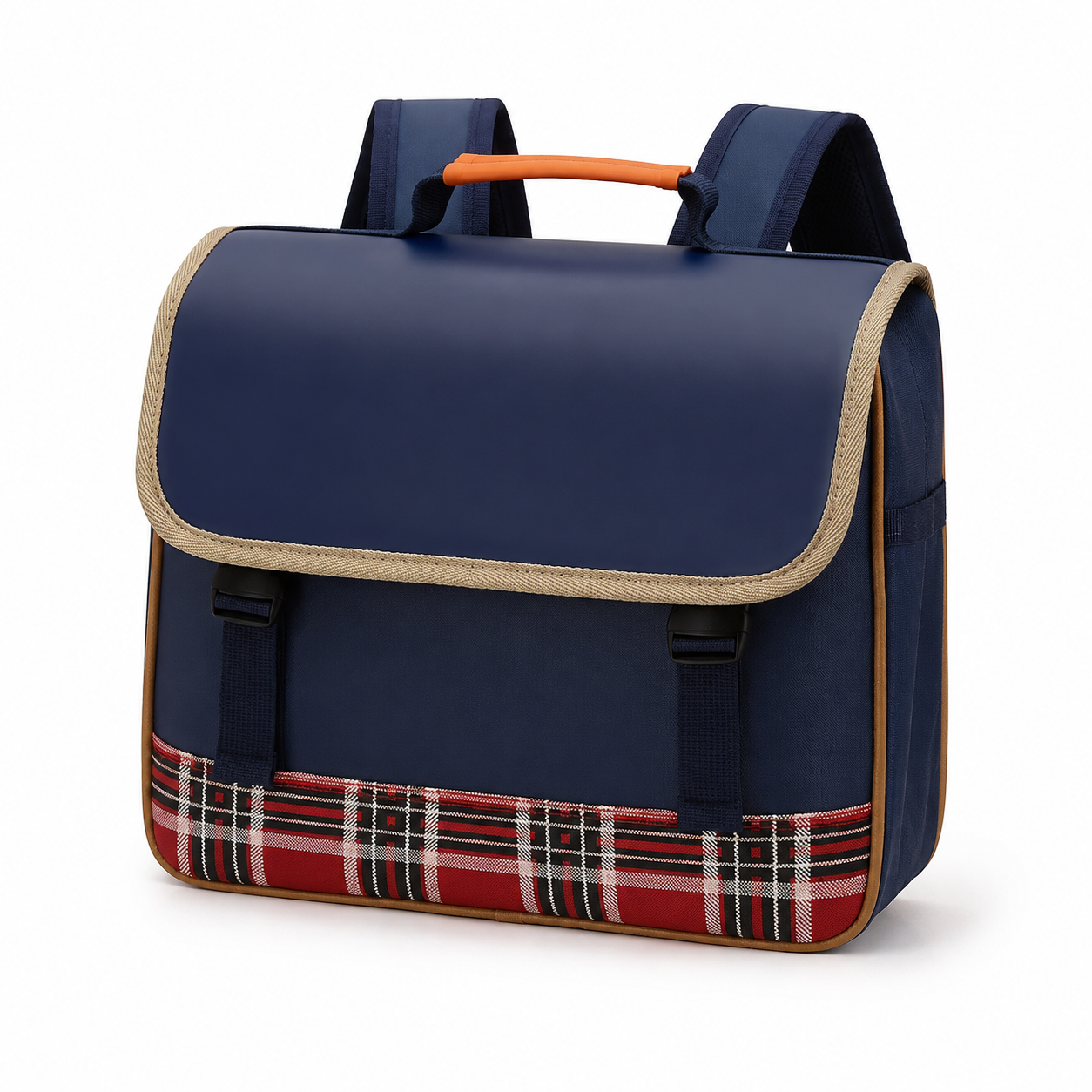 Cartable enfant bleu marine avec rabat, attaches frontales et bande écossaise, vue de trois quarts