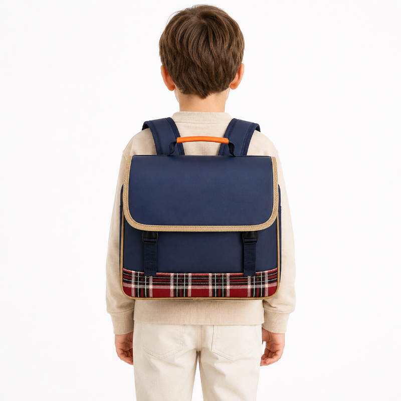 Enfant de primaire portant un cartable bleu marine avec bordures beige, poignée orange et bande écossaise rouge, vue de dos