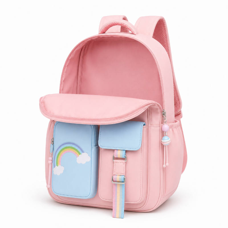 Cartable enfant rose arc-en-ciel avec compartiment principal ouvert et intérieur entièrement vide