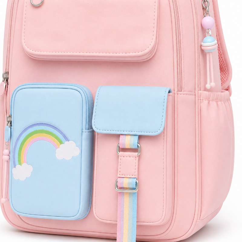 Détail du motif arc-en-ciel, des poches pastel et des fermetures du cartable enfant rose