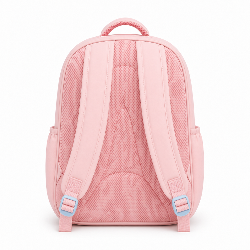 Vue arrière du cartable enfant rose avec panneau dorsal respirant, poignée et bretelles réglables