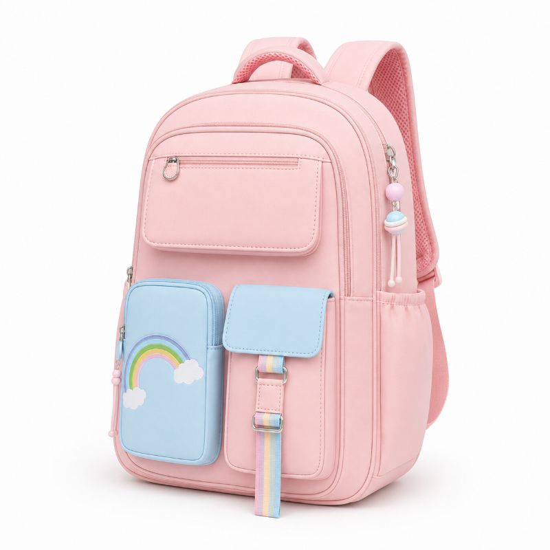 Cartable enfant rose arc-en-ciel avec poches pastel et détails multicolores, vue de trois quarts