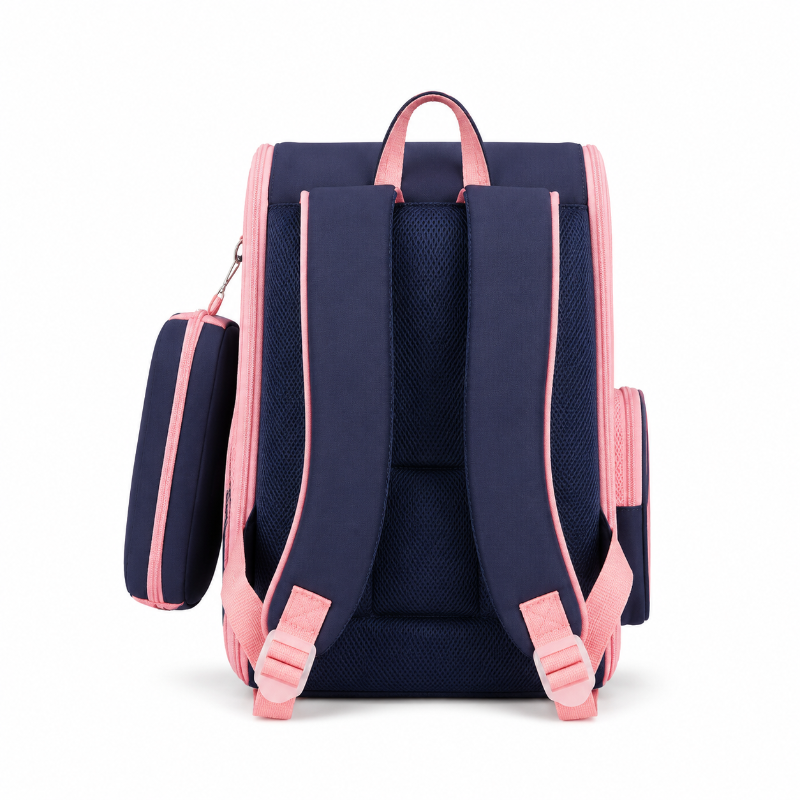 Vue arrière du cartable licorne enfant bleu marine avec panneau dorsal rembourré, poignée et bretelles réglables