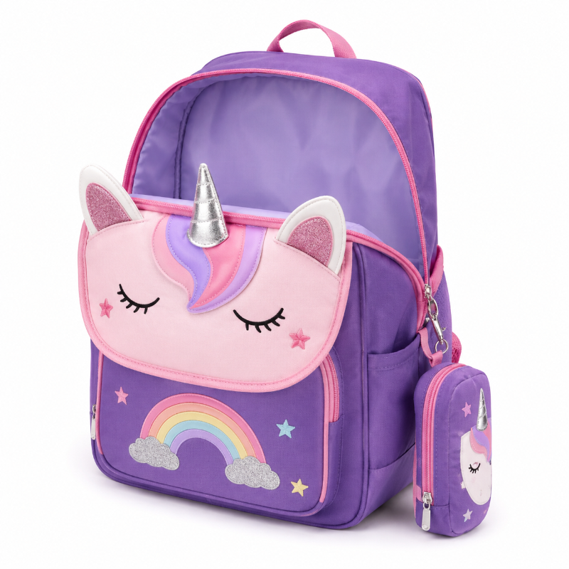 Cartable licorne enfant violet et rose avec compartiment principal largement ouvert et intérieur vide