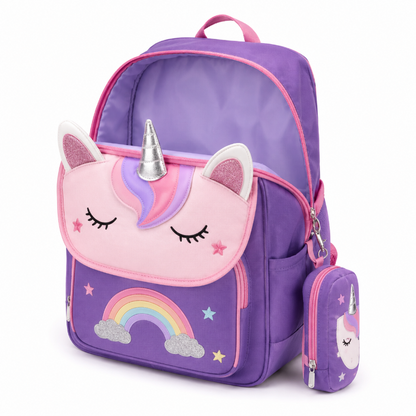 Cartable licorne enfant violet et rose avec compartiment principal largement ouvert et intérieur vide