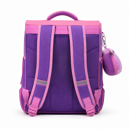Vue arrière du cartable licorne enfant violet avec panneau dorsal, poignée et deux bretelles réglables