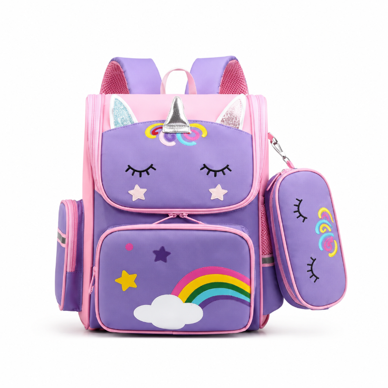 Cartable licorne enfant violet et rose avec poche arc-en-ciel et trousse assortie, vue de face