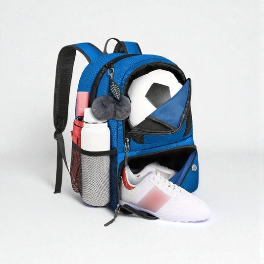 Sac de foot enfant avec compartiment chaussures, ballon et gourde - Bleu