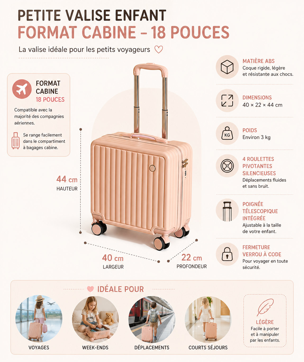Petite valise enfant à roulettes  – Format cabine 18 pouces