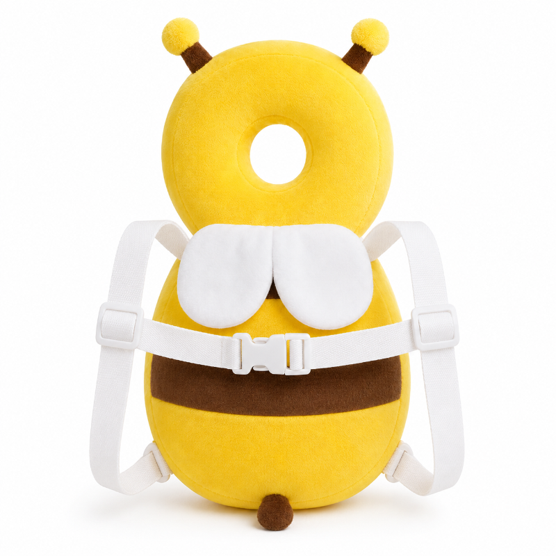 Vue arrière du sac à dos bébé anti-chute abeille avec sangles réglables et système d’attache