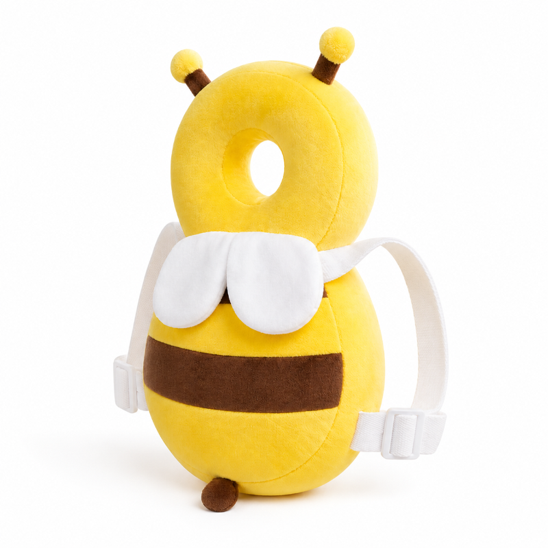 Sac à dos bébé anti-chute abeille jaune avec ailes et coussin rembourré, vue de trois quarts