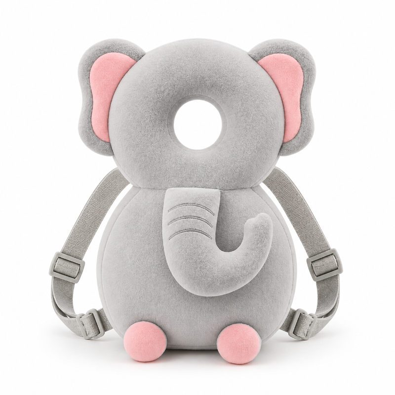 Sac à dos bébé anti-chute éléphant gris et rose, vue de face