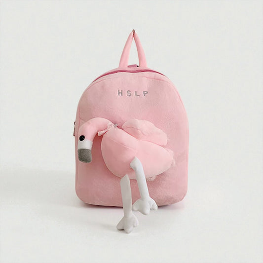 Sac à dos bébé rose en forme de flamant avec peluche intégrée