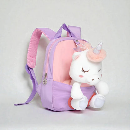 sac à dos bébé peluche licorne rose vue de côté