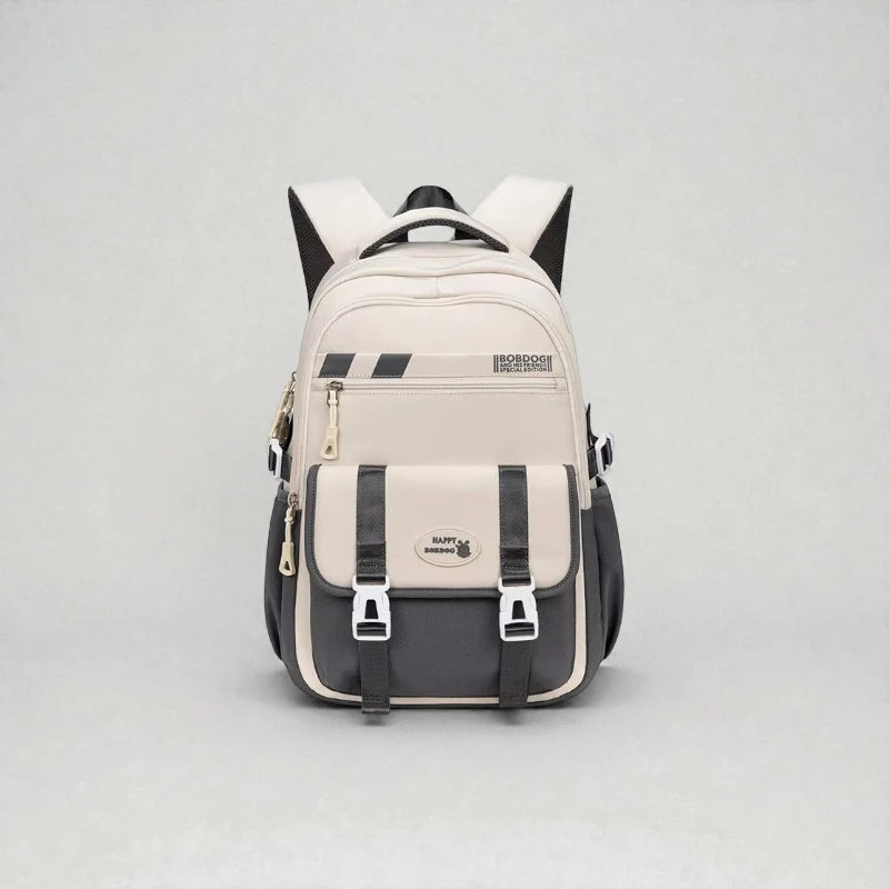 Sac à dos cartable enfant Letter Oxford vu de face, coloris beige et noir.