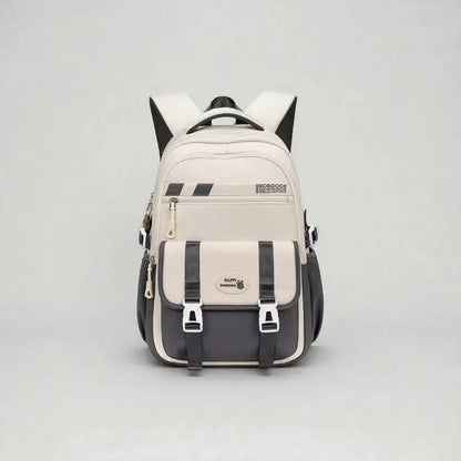 Sac à dos cartable enfant Letter Oxford vu de face, coloris beige et noir.