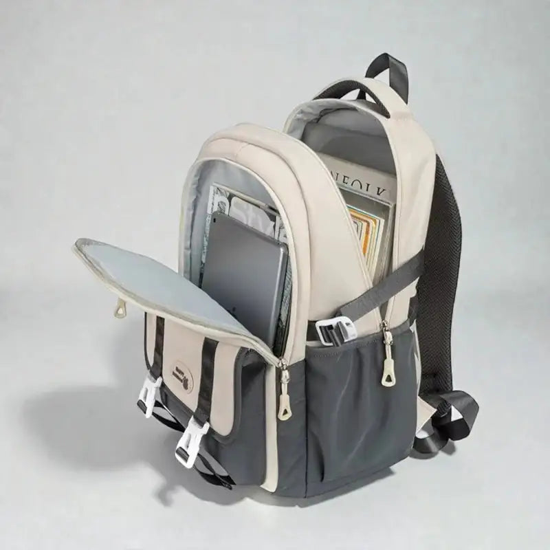 Sac à dos cartable enfant Letter Oxford ouvert avec vue sur les compartiments.