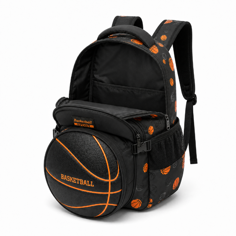 Sac à dos enfant basketball noir et orange avec compartiment principal ouvert et intérieur entièrement vide
