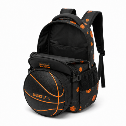 Sac à dos enfant basketball noir et orange avec compartiment principal ouvert et intérieur entièrement vide