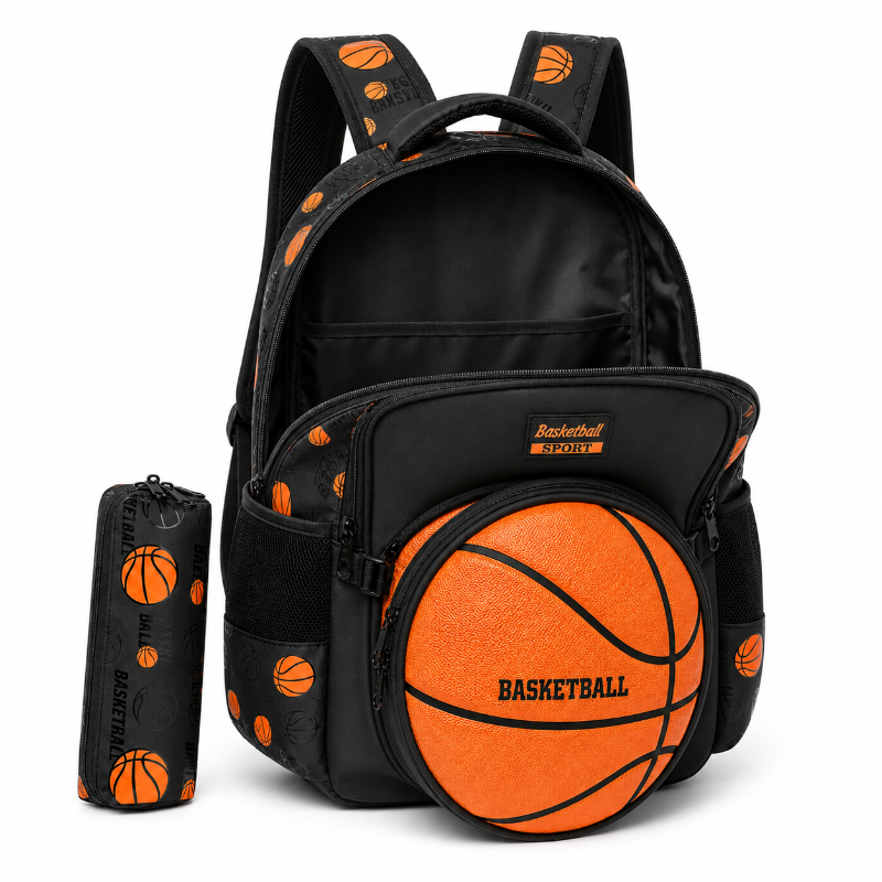Sac à dos enfant basketball noir et orange avec compartiment principal ouvert, intérieur vide et trousse assortie