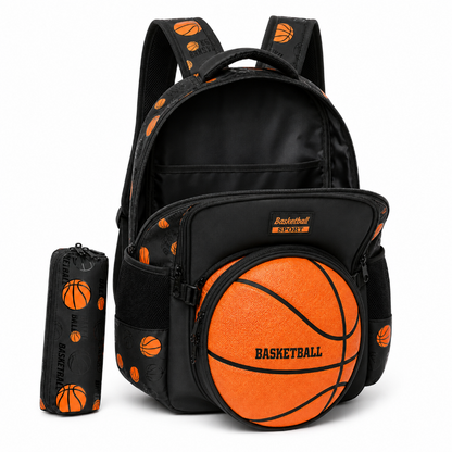 Sac à dos enfant basketball noir et orange avec compartiment principal ouvert, intérieur vide et trousse assortie