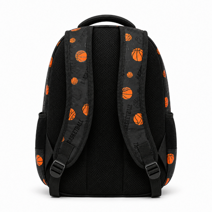Vue arrière du sac à dos enfant basketball noir et orange avec panneau dorsal respirant et bretelles rembourrées réglables