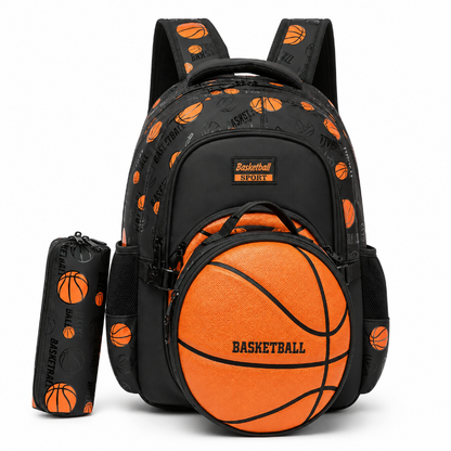 Sac à dos enfant basketball noir et orange avec poche ronde en forme de ballon et trousse assortie, vue de face