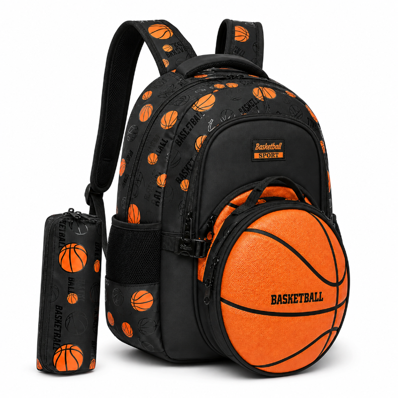 Sac à dos enfant basketball noir et orange à plusieurs compartiments avec trousse assortie, vue de trois quarts