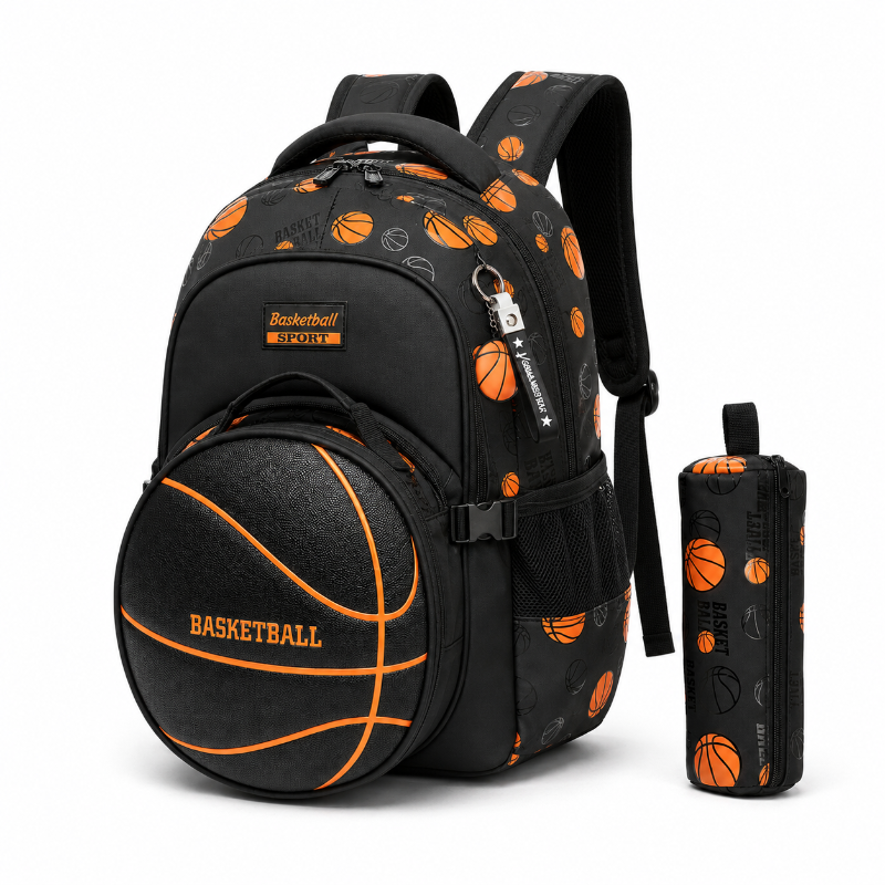 Sac à dos enfant basketball noir et orange avec plusieurs compartiments et trousse assortie, vue de trois quarts