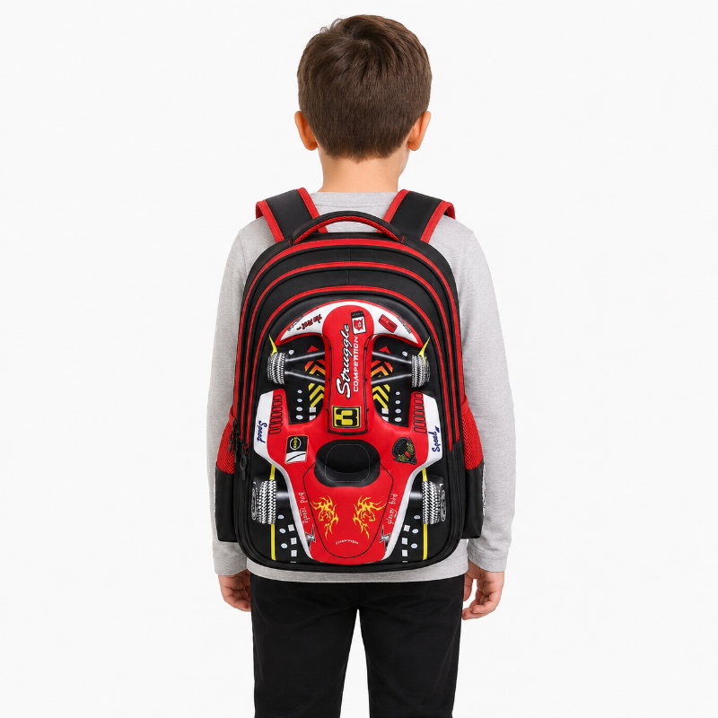 Enfant de CP portant un sac à dos Racing rouge et noir avec voiture de course en relief, vue de dos