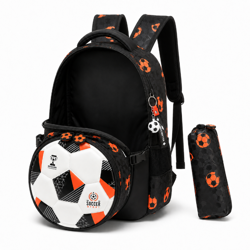 Sac à dos enfant football noir et orange avec compartiment principal ouvert, intérieur vide et trousse assortie