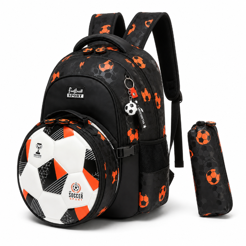 Ensemble sac à dos enfant football noir et orange à plusieurs compartiments avec trousse assortie, vue de trois quarts