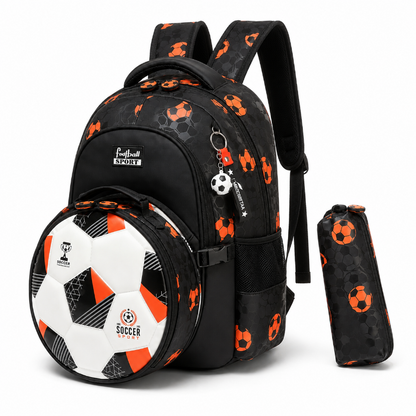 Ensemble sac à dos enfant football noir et orange à plusieurs compartiments avec trousse assortie, vue de trois quarts