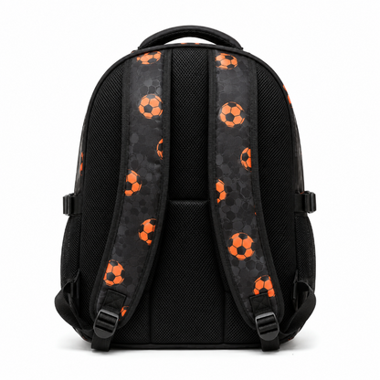 Vue arrière du sac à dos enfant football noir et orange avec panneau dorsal respirant et bretelles rembourrées réglables