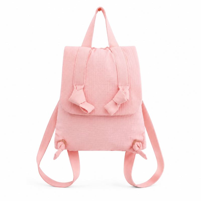 Sac à dos enfant rose en mousseline gaufrée avec anses et bretelles réglables nouées, vue arrière