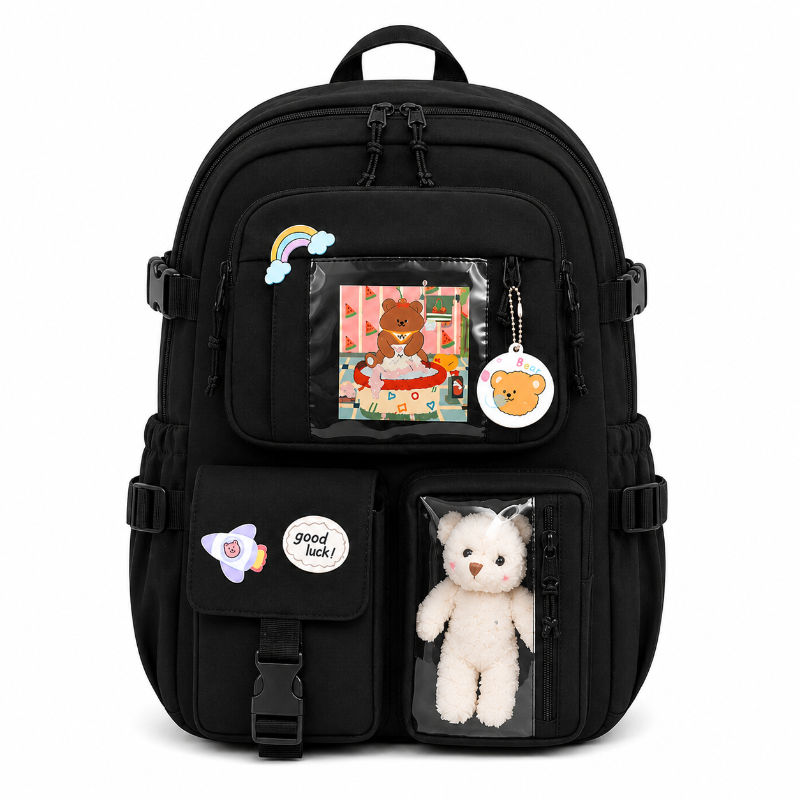 Sac à dos enfant noir kawaii avec poches transparentes, décorations et petit ourson, vue de face