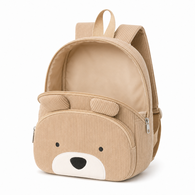Compartiment principal ouvert et vide du sac à dos enfant ours beige en velours côtelé
