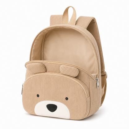 Compartiment principal ouvert et vide du sac à dos enfant ours beige en velours côtelé