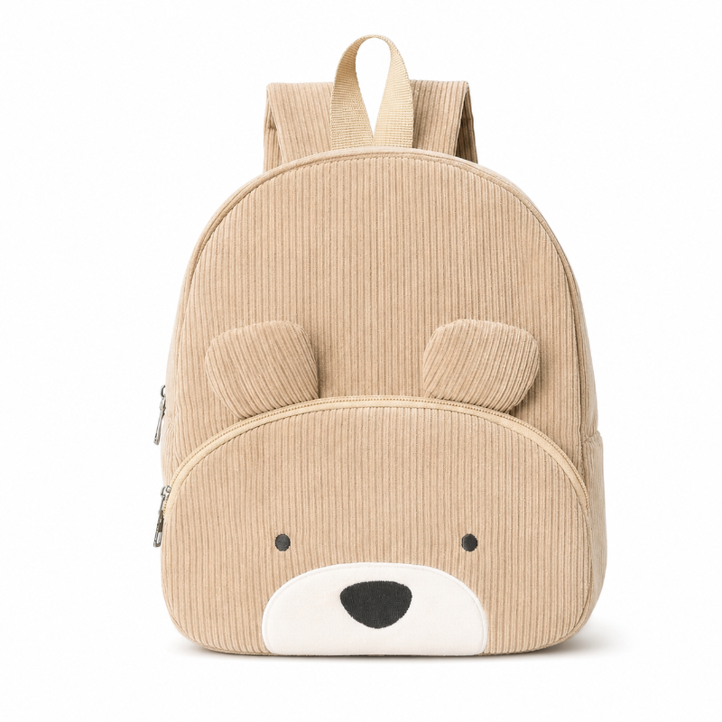 Sac à dos enfant ours beige en velours côtelé avec oreilles et poche avant brodée, vue de face